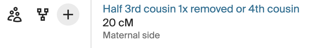 Ancestry screenshot showing predictions for a 20cM match