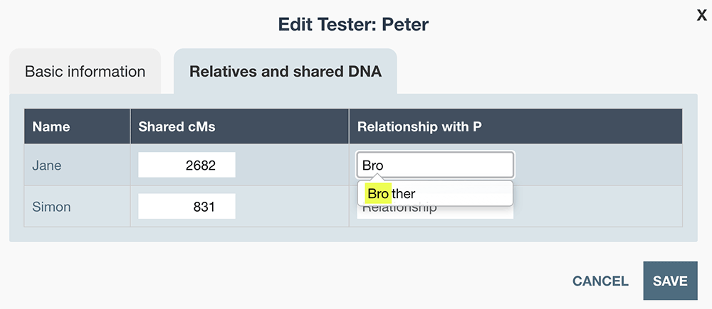 The Relatives and Shared DNA tab where you can edit the amount two people share and their relationship.