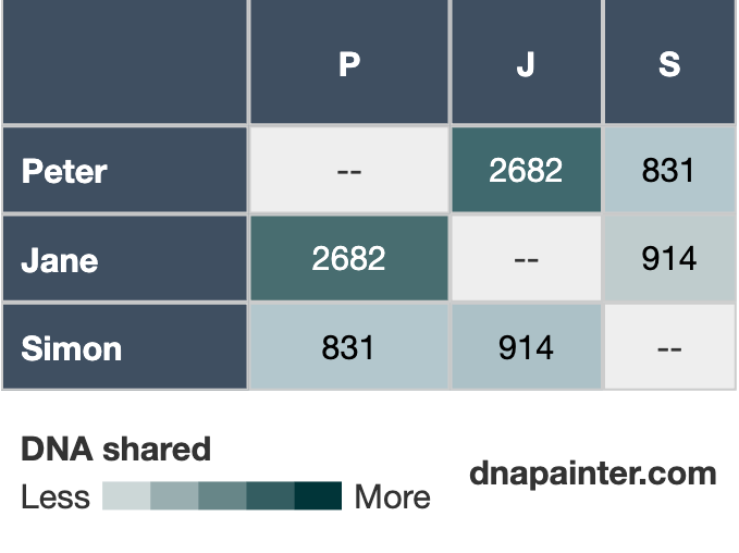 A simple matrix showing the cMs of DNA that Peter, Jane and Simon share with each other
